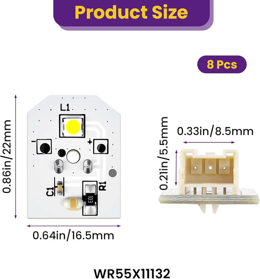 8Pcs WR55X11132 LED Light Replacement for Refrigerators | Waterproof | No Plastic Cover | Fits WR55X25754 V1258-DP02-C-2616
