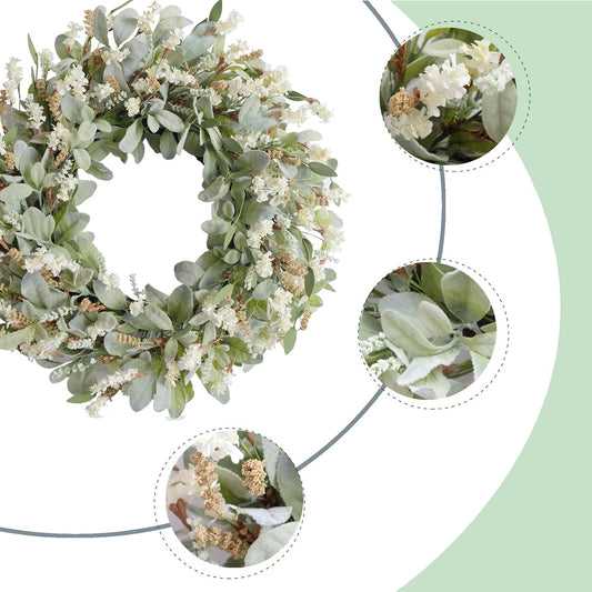 24 Inch Summer Spring Ivory Flowers Wreath for Front Door, Everyday Lamb Ears Leaves Wreath with White V1258-DP02-C-2642