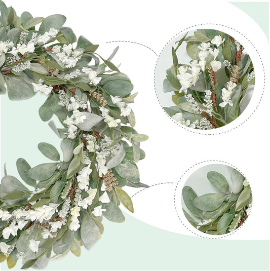 22 Inch Spring Summer Lamb Ears Leaves Wreath with Ivory Forsythia Flower, Year Round Greenery Floral Wreath V1258-DP02-C-2647