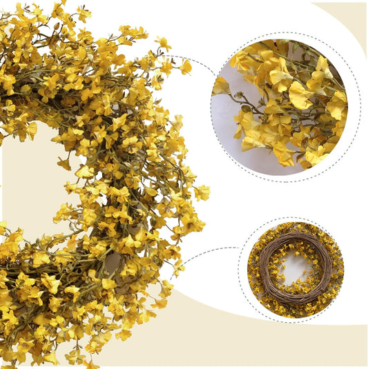22 Inch Bright Yellow Forsythia Flower Wreath for Front Door, Spring Artificial Flower Wreath for Indoor V1258-DP02-C-2655