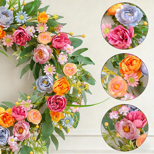 24 Inch Spring Summer Penoy Wreath for Front Door, Colorful Wildflowers Floral Eucalyptus Wreath for Indoor V1258-DP02-C-2659