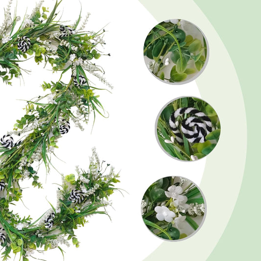 6 Ft Spring Green Boxwood Garland for Mantle, Greenery Spring Summer Garland with White Flowers for V1258-DP02-C-2676