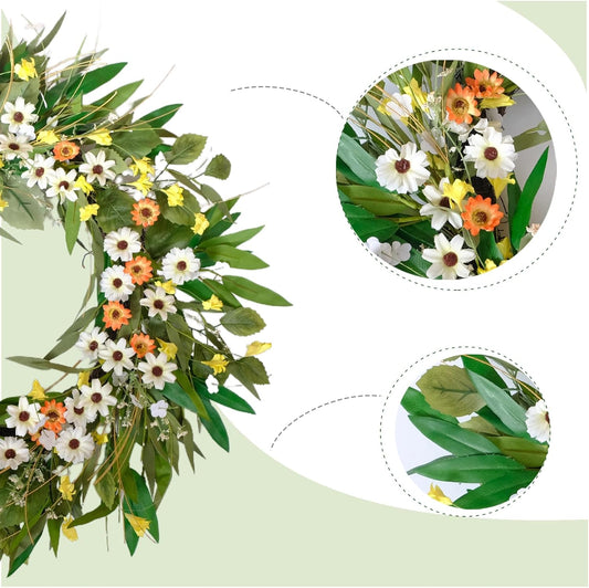 26 Inch Spring Greenery Wreath for Front Door, White Daisy & Yellow Forsythia Floral Wreath with Eucalyptus V1258-DP02-C-2682
