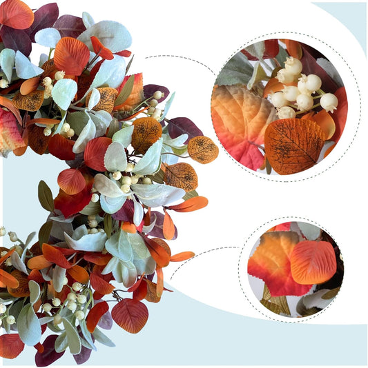 22 Inch Fall Front Door Wreath with Eucalyptus Lamb Ears Leaves and Berries, Autumn Fall Leaves Wreath with V1258-DP02-C-2688