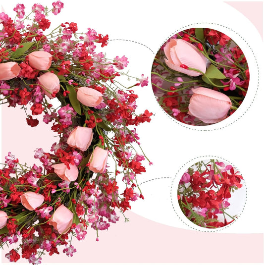 Valentine Day Pink Tulip Wreath, Pink Red Forsythia Berries, Artificial Flower Wreath for Front Door, Indoor V1258-DP02-C-2689