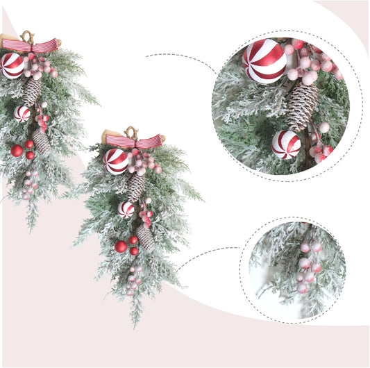 2 PCS 20" Christmas Candy Cane Frosted Pine Needle Teardrop Swag Wreath for Front Door, Xmas Swag with Red V1258-DP02-C-2708