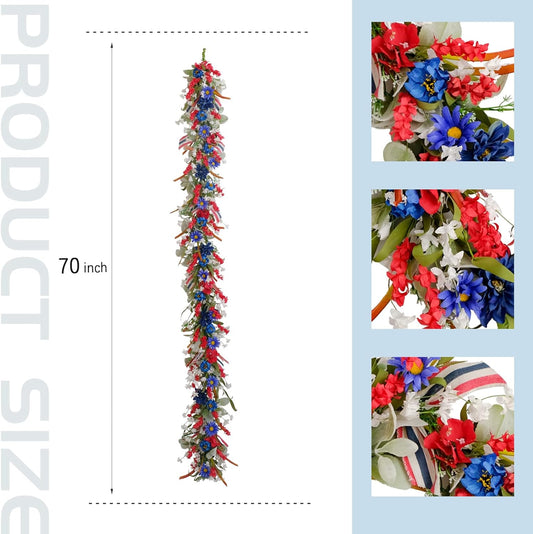 4th of July Red White Blue Flowers Lamb Ear Leaves Garland for Doors, 5.9ft Patriotic Artificial Flower Home V1258-DP02-C-2721