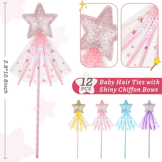 24 Pcs Glitter Star Magic Wand Princess Wand Fairy Angel Star Stick with Ribbon for Girl Kid Birthday Wedding V1258-DP02-C-2738