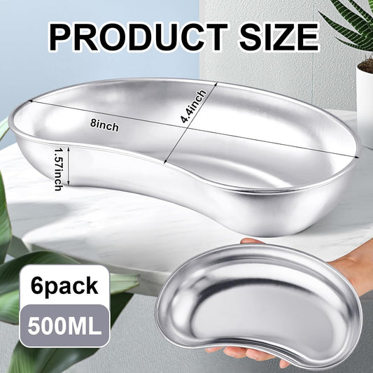 6 Pcs Stainless Steel Kidney Tray 8'' Medium Kidney Shaped Emesis Basin Surgical Medical Tray pan Bowls V1258-DP02-C-2828