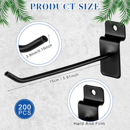 200 Pcs 6 Inches Slatwall Hooks Accessories Black Slat Wall Hanging Hangers Metal Retail Hooks Shelf Brackets V1258-DP02-C-2881