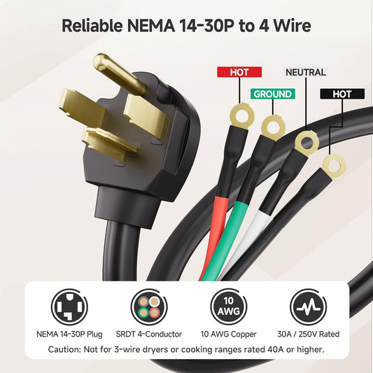 4 Prong Dryer Cord - 10ft, Supports 30A/250V/7500W, 10AWG, NEMA 14-30P to 4 Wire, Dryer Power Cord V1258-DP02-C-2978