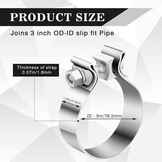 4 Pcs 3 Inch Muffler Clamp, Narrow Band Muffler Clamp Stainless Steel for Pipes and System Repair V1258-DP02-C-3063