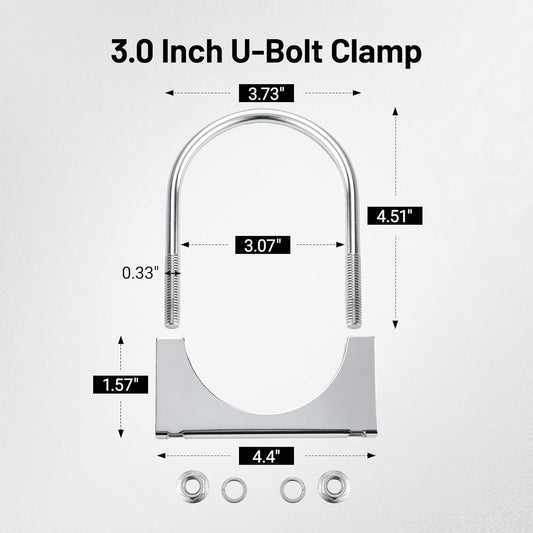 3" Heavy Duty U Bolt Exhaust Clamp, 3 Inch Stainless Steel U Muffler Clamps, Saddle Style, 2PCS V1258-DP02-C-3104