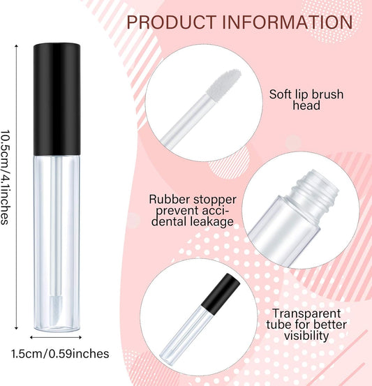 50 Pack 10 ml Empty Lip Gloss Tube Containers Clear Refillable Lip Balm Bottles Plastic Lipstick Tubes with V1258-DP02-C-3160