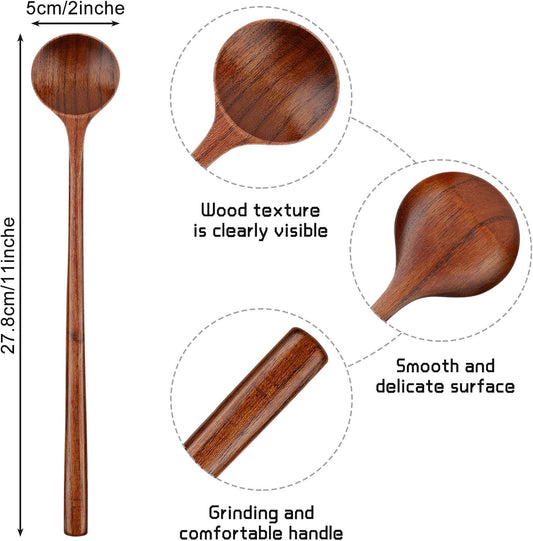 6 Pcs 11 Inch Wood Long Spoons Wooden Long Handle Round Scoops Korean Style Soup Spoons for Soup Cooking V1258-DP02-C-3173