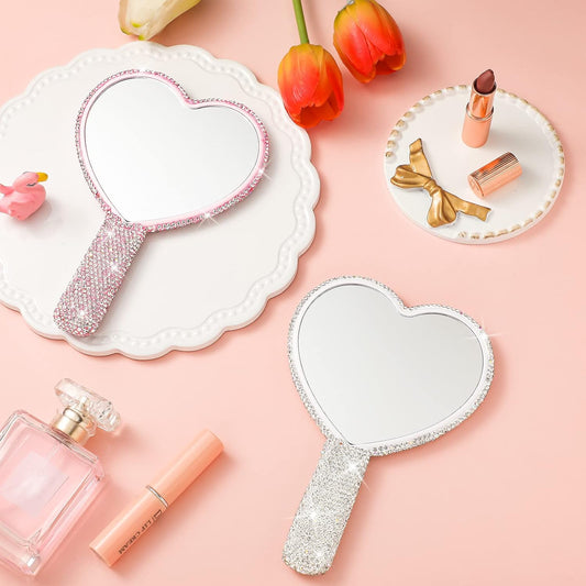 2 Pcs Large Rhinestone Handheld Mirror Heart Shaped Bling Glitter Portable Cosmetic Hand Mirror with Handle V1258-DP02-C-3179