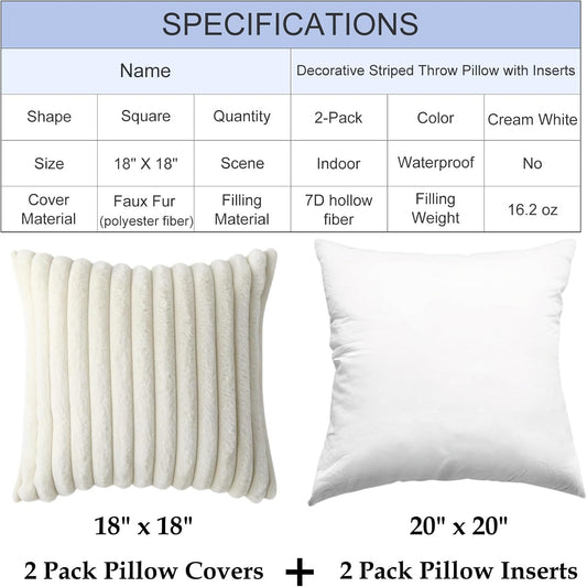 Decorative Throw Pillow with Inserts, Set of 2 Soft Faux Fur Throw Pillows, Square Boho Striped Pillow for V1258-DP02-C-3196