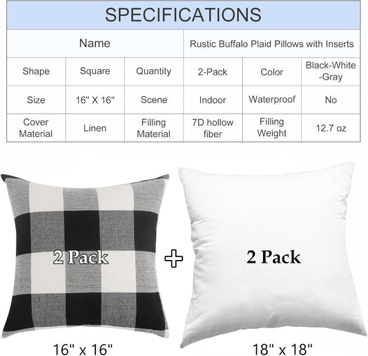Rustic Buffalo Plaid Pillows with Inserts Set of 2, Retro Cotton Linen Decorative Throw Pillows for Front V1258-DP02-C-3197