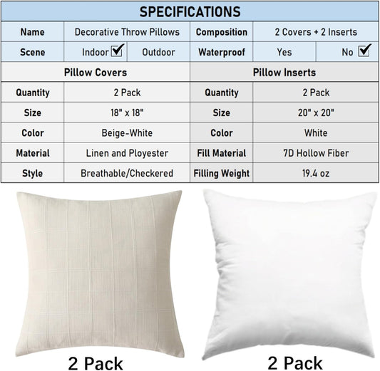 18" x 18" Decorative Throw Pillow with Inserts, Set of 2 Modern Neutral Farmhouse Vintage Throw Pillows, V1258-DP02-C-3204