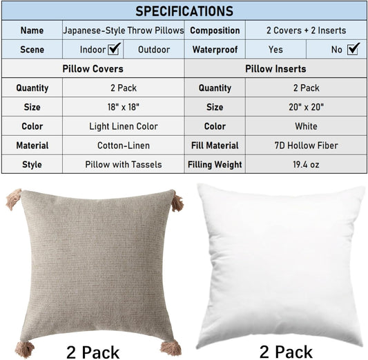 18" x 18" Decorative Throw Pillow with Inserts, Set of 2 Farmhouse Neutral Couch Throw Pillows with Tassels, V1258-DP02-C-3205