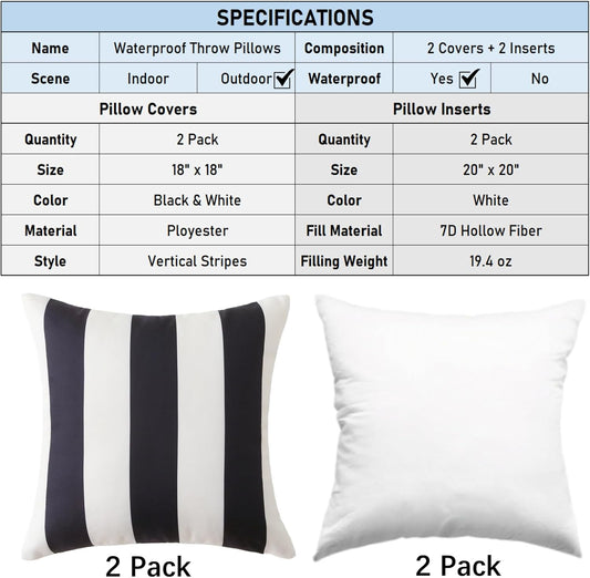18" x 18" Throw Pillows with Inserts, Pack of 2 Outdoor Waterproof Striped Pillow, Square Decorative Pillows V1258-DP02-C-3211
