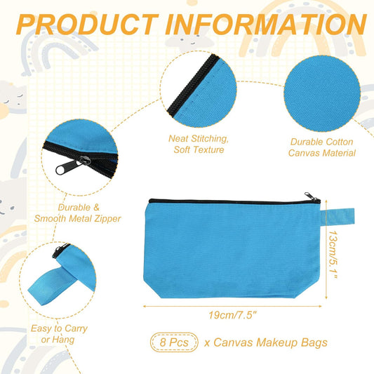 8 Pcs Cotton Canvas Makeup Bag, 7.5x5.1 Makeup Pouch with Zipper and Strap, Multipurpose Plain Toiletry V1258-DP02-C-3235