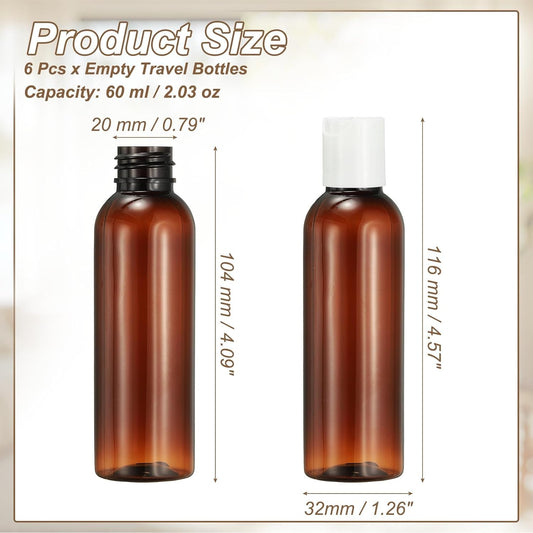 6 Pcs Plastic Travel Bottles, 2 oz Empty Shampoo Bottles with White Disc Top Caps Clear Refillable Travel V1258-DP02-C-3252