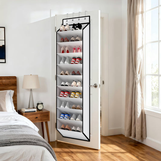 10 Tiers White Over Door Shoe Organizer Storage, Hanging Shoe Holder for Door with Large Deep Pockets, Fit V1258-DP02-C-3281