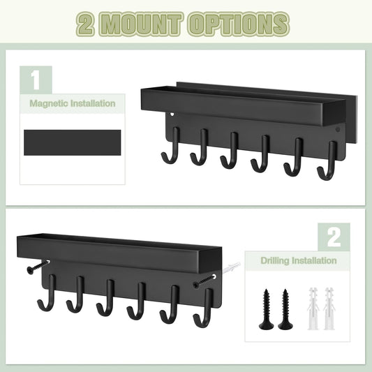 Magnetic Key Holder Wall Mount, Compact Metal Key Rack with Tray, 6 Hooks, 2 Mount Options, Black V1258-DP02-C-343