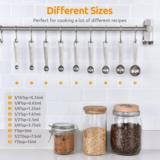 Measuring Spoons: 18/8 Stainless Steel Measuring Spoons Set of 9 Piece: 1/16 TSP, 1/8 TSP, 1/4 TSP, 1/3 TSP, V1258-DP02-C-355