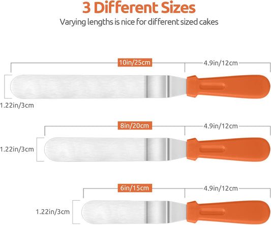 Icing Spatula, Stainless Steel Angled Cake Decorating Frosting Spatula Set of 3 (Orange), and 8"+10"+12" V1258-DP02-C-369
