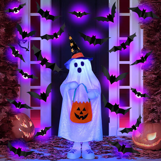 36 PCS LED Purple Lighted 3D Bats Halloween Decoration, 5 Sizes & 4 Shapes Removable PVC Bats Sticker, V1258-DP02-C-408