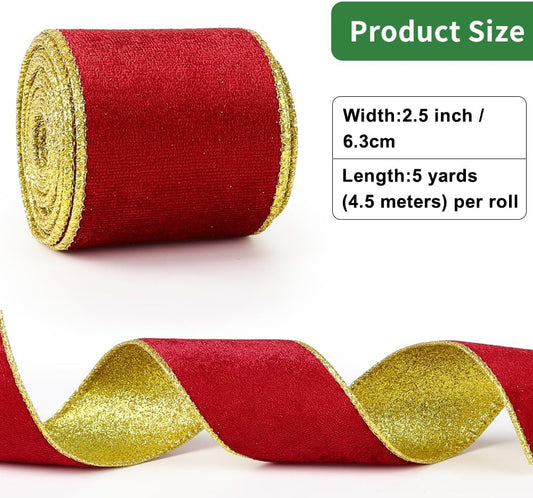 Red Velvet Wired Ribbon, Christmas Ribbon with Gold Metallic Glitter for Gift Wrapping Christmas Tree V1258-DP02-C-451