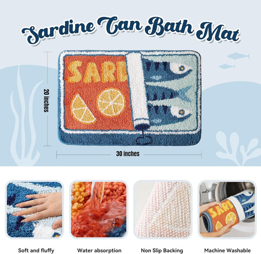 Sardine Can Bath Mat, Blue Bathroom Rugs for Bedroom, Soft Washable Rug Non Slip Cute Kitchen Bath Mats for V1258-DP02-C-555
