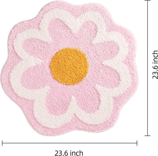Cute Pink Flower Bath Mat, Machine Washable Bath Rug, Ultra Soft and Fluffy Bathroom Mat, Small Round V1258-DP02-C-557