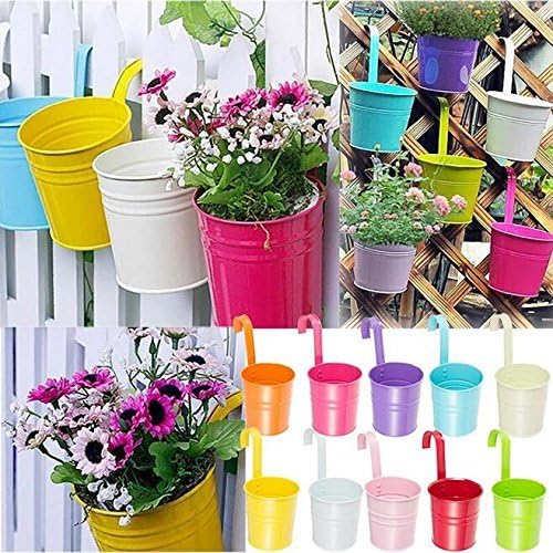 Flower Pots,10 Pcs Metal Iron Hanging Flower Plant Pots Balcony Garden Plant Planter Baskets Fence Bucket Pot V1258-DP02-C-570