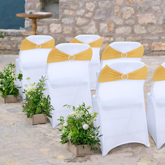 Gold Spandex Chair Sashes - 30pc Premium Stretch Chair Bows with Sliders for Wedding Party Banquet Decoration V1258-DP02-C-629