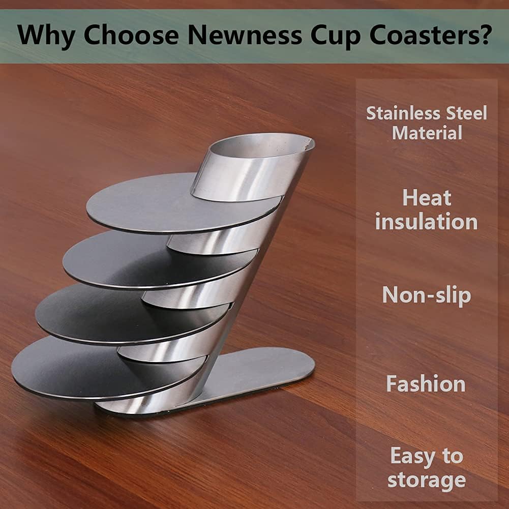Cup Coasters, Cup Coasters Set with Decorative Rack, Stainless Steel Tabletop Display Round Cup Coaster with V1258-DP02-C-669