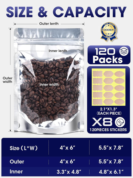 120pcs Stand Up Pouch Bags, 4" x 6" Mylar Bag for Food Storage, Clear Front with Aluminum Foil Back V1258-DP02-C-709