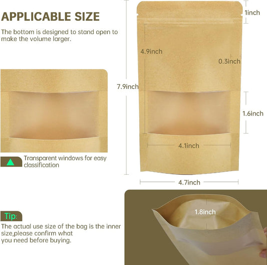 120pcs 4.7"x7.8" Kraft Bags with Window Zipper Lock Stand Up Bulk Pouches Resealable Bags, Smell Proof Mylar V1258-DP02-C-710