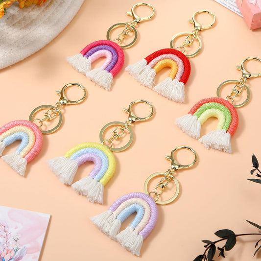 Landhoow 6 Pcs Boho Rainbow Keychains Bulk Women Macrame Rainbow Key Chains Mini Tassel Keychains Car V1258-DP02-C-753