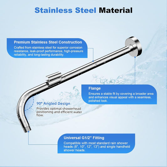 16 Inch All Metal Shower Extension Arm, Extra Long Extender with Flange, Stainless Steel Rainfall Shower Arm V1258-DP02-C-808