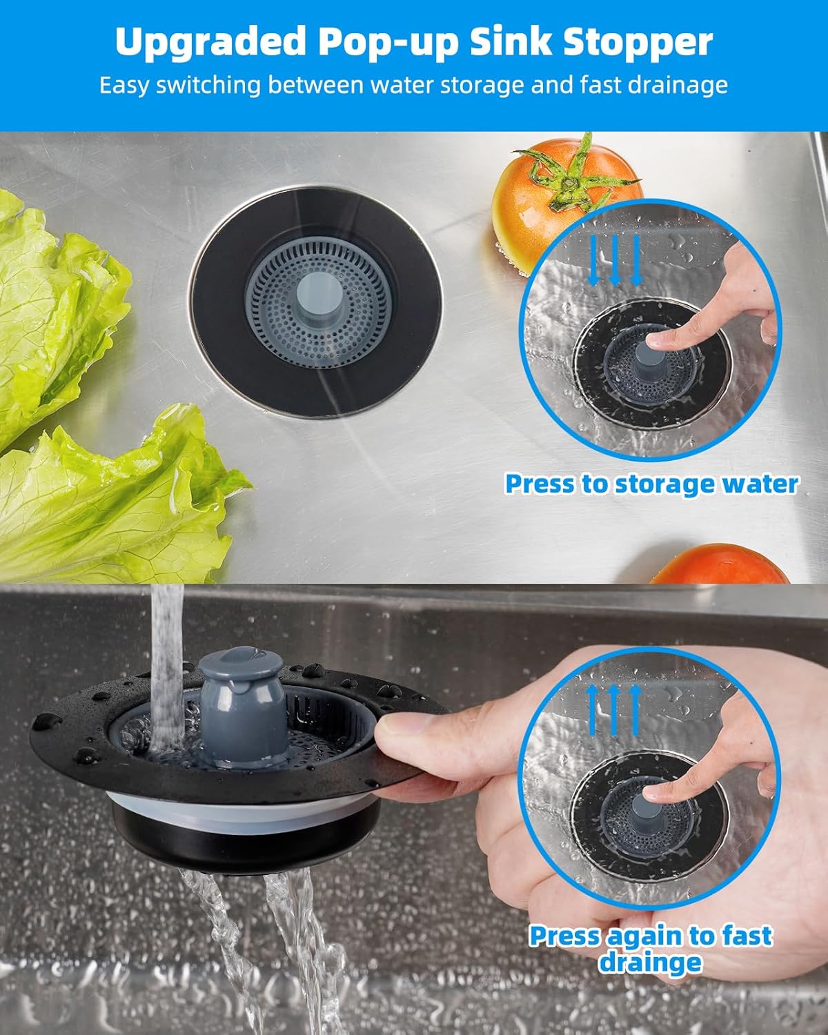 Upgraded 3 in 1 Bathroom & Kitchen Sink Drain Strainer V1258-DP02-C-817