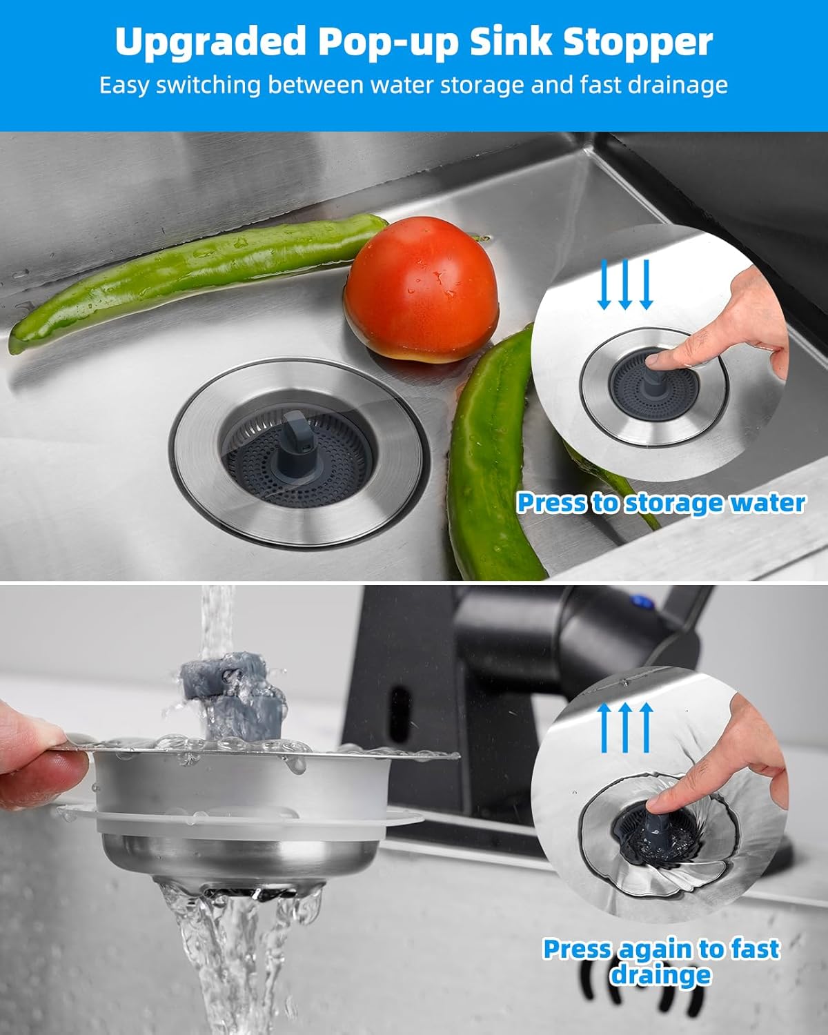 Upgraded 3 in 1 Bathroom and Kitchen Sink Drain Strainer V1258-DP02-C-834