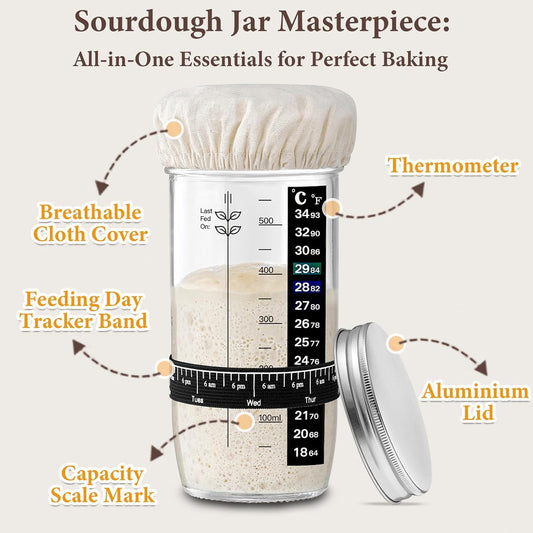 Glass Sourdough Starter Jar 2 Pack, 24 oz Wide Mouth Organic Sourdough Starter Kit with Date Marked Band, V1258-DP02-C-87