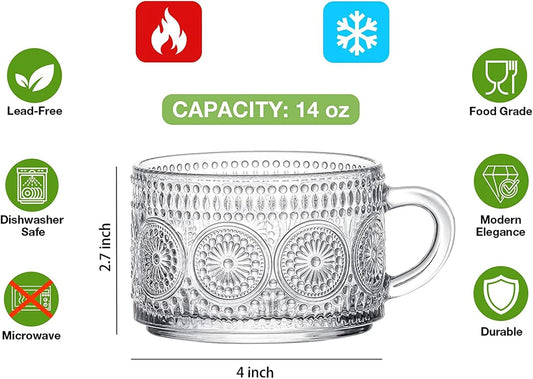 Vintage Coffee Mugs Set of 2, 14 oz Embossed Glass Cups with Handle, Clear Cups for Cappuccino, Latte, V1258-DP02-C-89