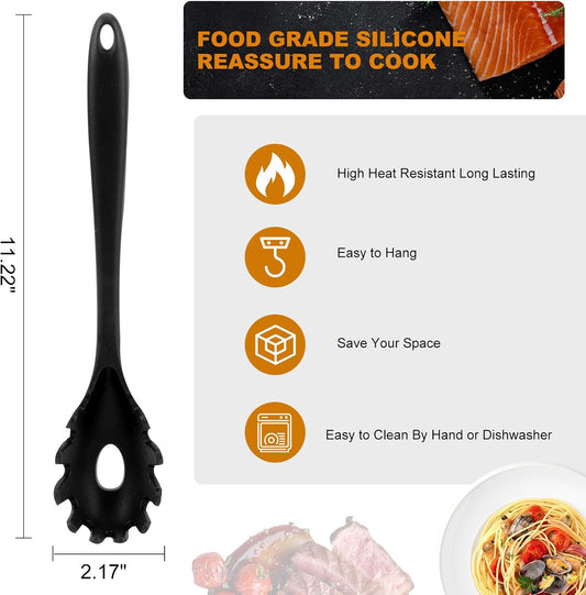 Upgraded Silicone Spaghetti Spoon and Pasta Tong Set - Sturdy Pasta Fork with Teeth, Noodle Spoon Server, and V1258-DP02-D-153
