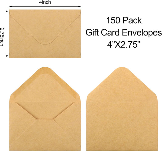 150 Pack Gift Card Envelopes, 4" x 2.75" Mini Envelopes, Brown Kraft Biness Card Envelopes, Small Envelopes V1258-DP02-D-222