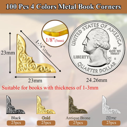100pcs Metal Book Corner Protectors, 4 Assorted Colors Photo Corners Protector for Picture Vintage Photo V1258-DP02-D-30