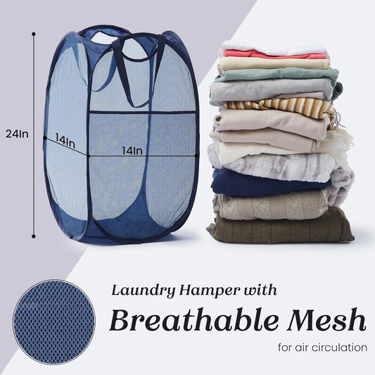 Collapsible Pop Up Laundry Basket, Hamper with Sturdy Handles and Side Pocket - Mesh Portable Foldable Dirty V1258-DP02-D-374